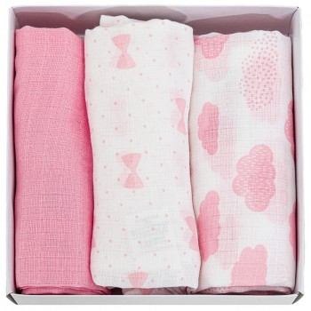 Confezione 3 pz quadrato neonato bimba garza nancy baby bianco rosa